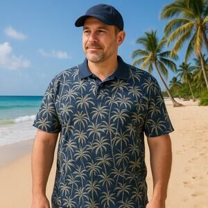 Tropical Palm Tree Print Polo Shirt Blue OP Ocean Pacific XXL Cotton